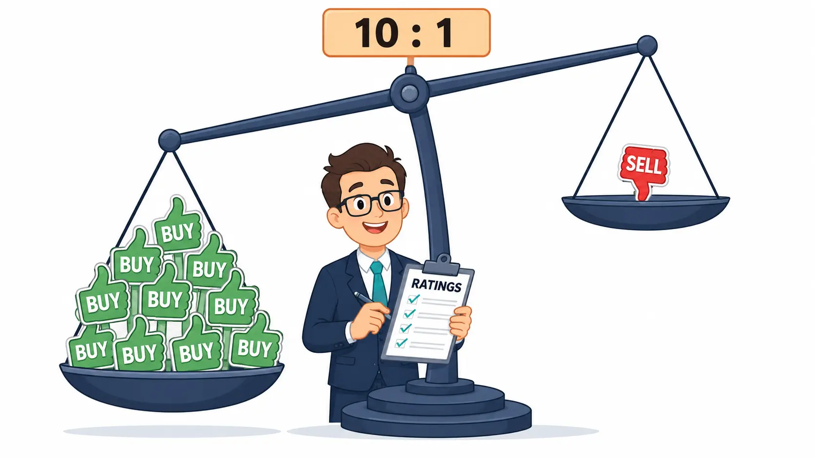Cartoon balance scale tipped heavily by ten green BUY signs on one side and a single red SELL sign on the other, illustrating analyst rating bias