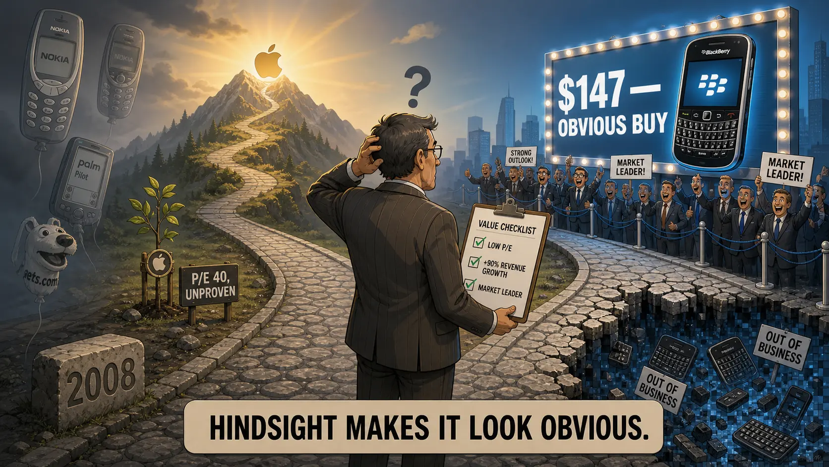 Cartoon of an investor in 2008 standing at a fork in the road with a value-investor checklist — the brightly lit BlackBerry path tagged "P/E 20, +90% revenue, market leader" cracks into a chasm of forgotten phones, while the shadowed Apple path leads up to a sunlit horizon — illustrating how survivorship bias hides the real risk of the obvious 2008 buy