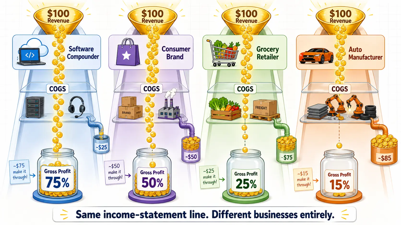 Cartoon waterfall of revenue dollars cascading through four sector-labeled chutes — Software, Consumer Brand, Grocer, and Auto Maker — where the COGS layer strips away most of the cash for the grocer and automaker but lets nearly all of it through for software, illustrating how the same income-statement line consumes very different shares of revenue by sector