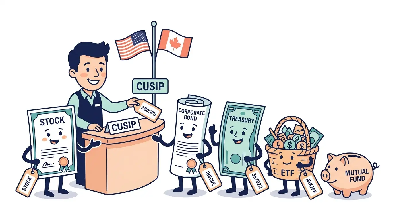 Cartoon row of different North American security types — a stock certificate, a corporate bond, a Treasury bill, an ETF basket, and a mutual fund piggy bank — each receiving its own CUSIP tag, illustrating how the system reaches beyond stocks