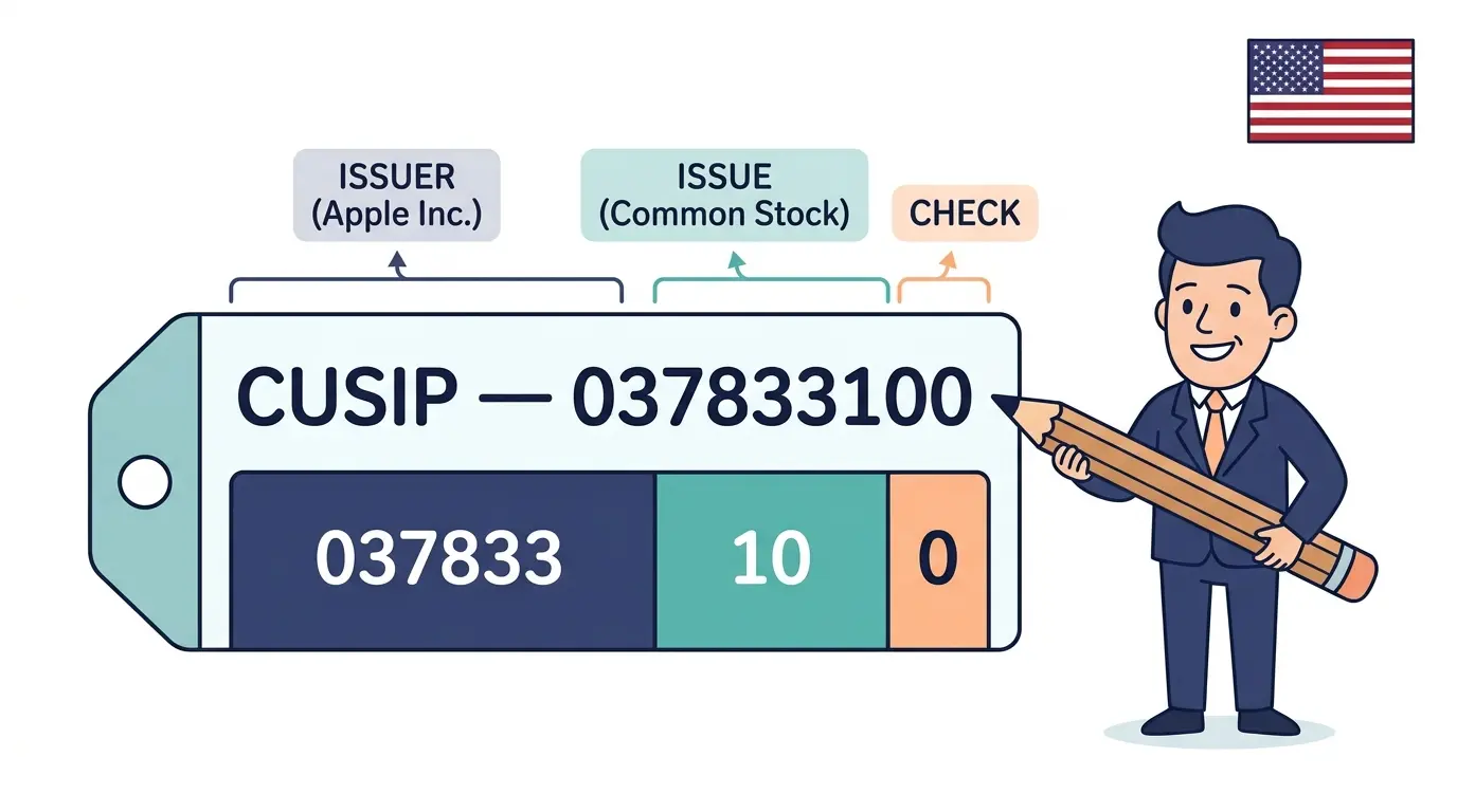 Cartoon segmented label diagram breaking Apple's CUSIP 037833100 into its 6-character issuer, 2-character issue, and 1-character check-digit parts