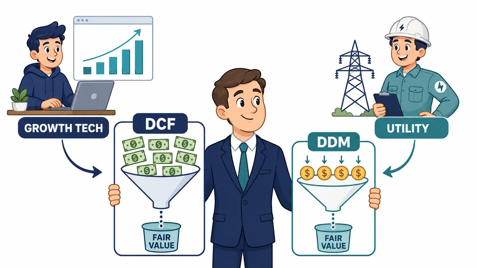 Cartoon split scene pairing a growth tech company with the DCF model and a regulated utility with the DDM model, illustrating which valuation approach fits which stock type