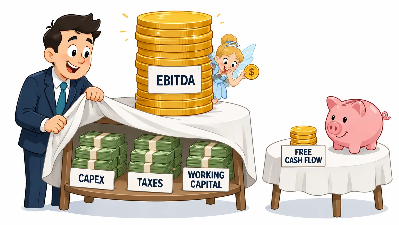Cartoon investor lifting a tablecloth to reveal hidden bills for capex taxes and working capital behind a shiny stack of coins labeled EBITDA, illustrating the gap between EBITDA and free cash flow
