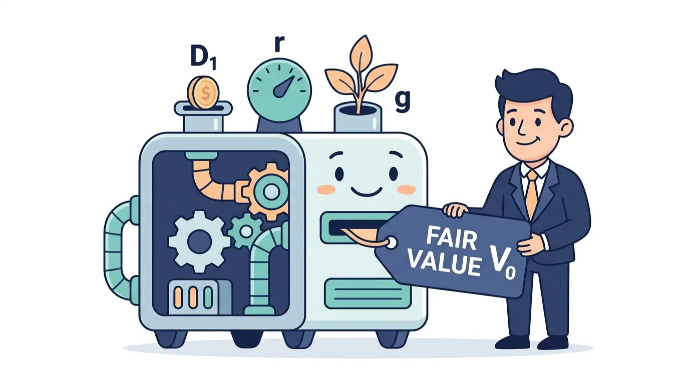 Cartoon valuation machine with three labeled inputs — D₁ for next year's dividend, r for required return, and g for dividend growth — combining into a single fair-value tag, illustrating the Gordon Growth Model formula