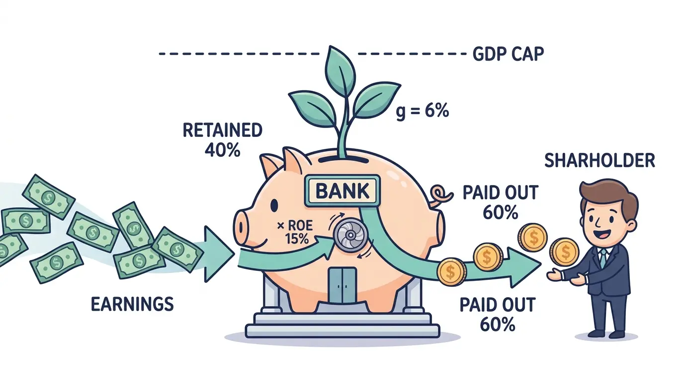Cartoon flywheel diagram showing retained earnings being reinvested at the firm's ROE to compound dividend growth, illustrating the g equals retention ratio times ROE derivation with a GDP-growth ceiling above