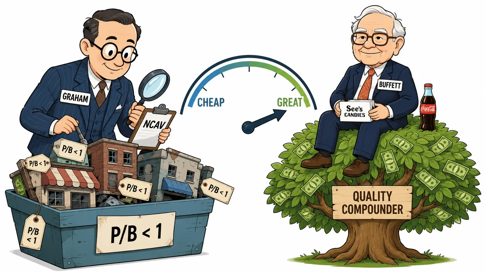 Cartoon side-by-side comparison of Graham rummaging through a discount bin of cheap statistical bargains versus Buffett sitting atop a growing tree of quality compounders, illustrating deep value versus quality investing