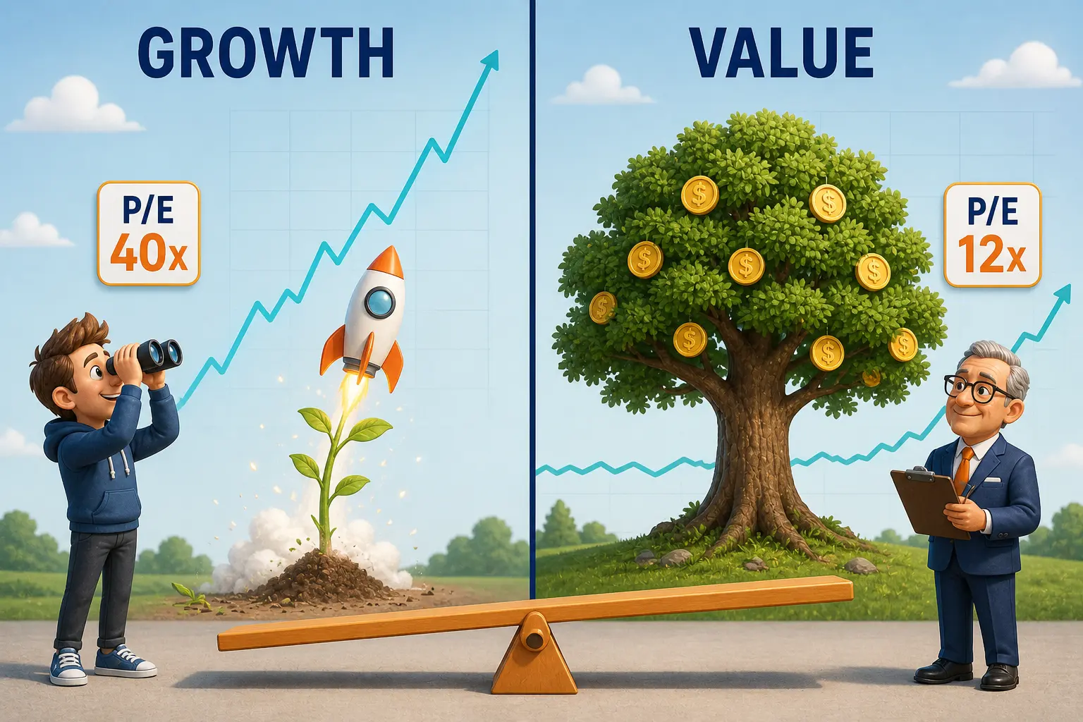Cartoon split scene comparing a fast-growing rocket sapling labeled growth against a sturdy mature oak labeled value, illustrating the trade-off between growth and value stocks