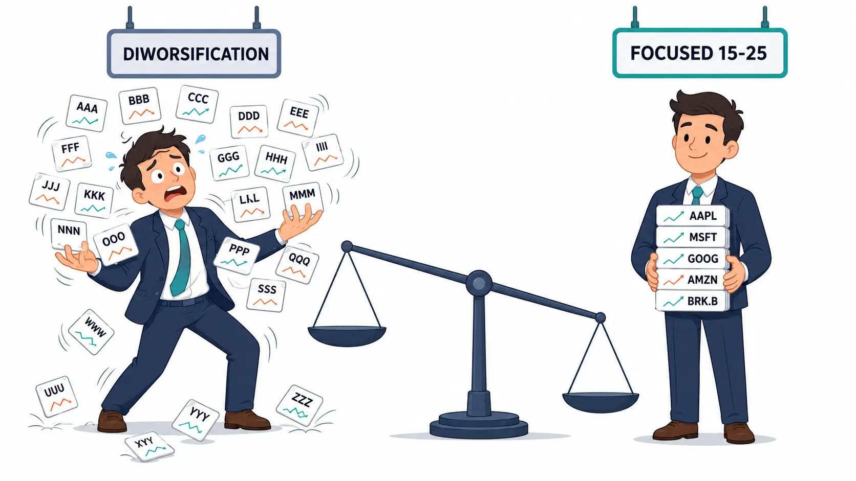 Cartoon investor juggling dozens of tiny stock tickers that keep falling, contrasted with a calmer investor holding a small balanced stack, illustrating the diworsification trap