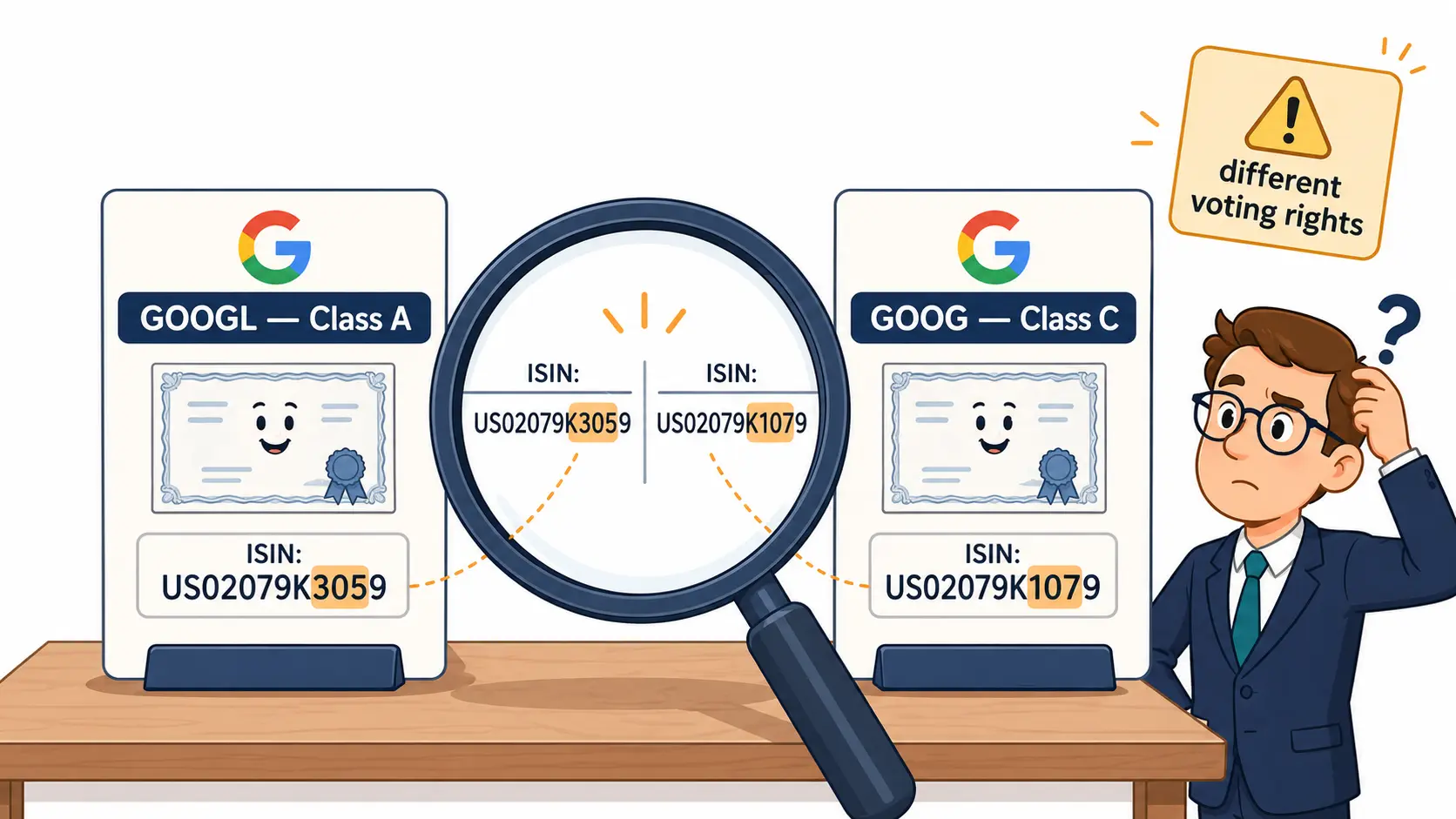 Cartoon comparison of two near-identical Alphabet stock cards labeled GOOGL and GOOG with a magnifying glass highlighting that their ISINs differ in only four characters near the end, illustrating share class confusion