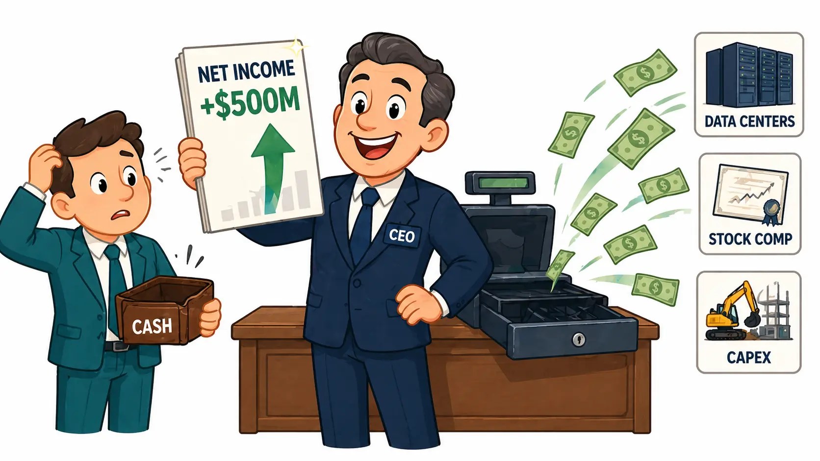Cartoon van een lachende CEO die een glanzend rapport "NET INCOME" omhooghoudt terwijl achter hem een lege kassa staat en cashbiljetten naar datacenters en investeringen wegvliegen, illustratie dat winst op papier en vrije kasstroom niet hetzelfde zijn