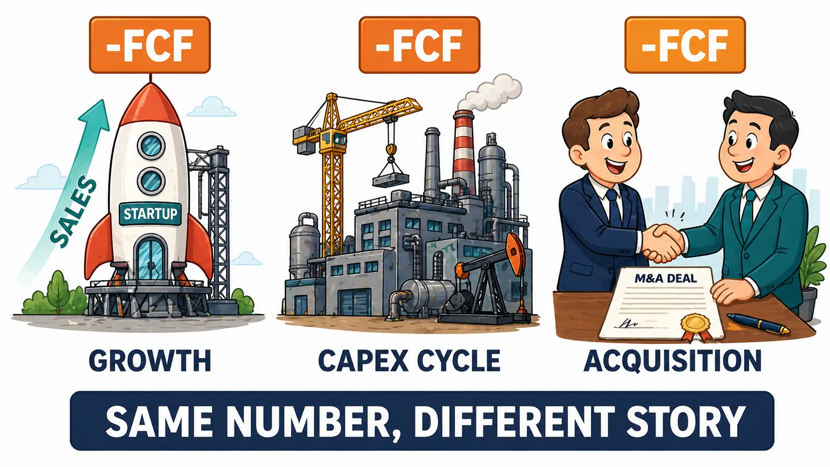 Cartoon met drie bedrijfsscènes naast elkaar—een raketvormig groeibedrijf, een industriële fabriek in capex-cyclus en een handdruk over een overname—die elk hetzelfde negatieve FCF-bord dragen, illustratie dat dezelfde FCF voor verschillende verhalen kan staan