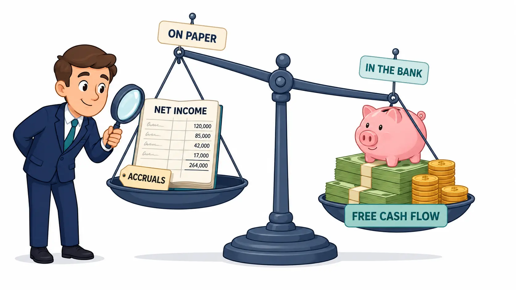 Cartoon balance scale weighing a ledger book labeled Net Income against a stack of cash labeled Free Cash Flow, illustrating the gap between accrual profit and the cash a business actually keeps