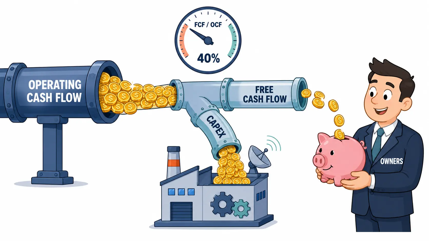 Cartoon cash pipeline showing operating cash flow splitting into a capex stream and a smaller free cash flow stream that reaches a shareholder piggy bank