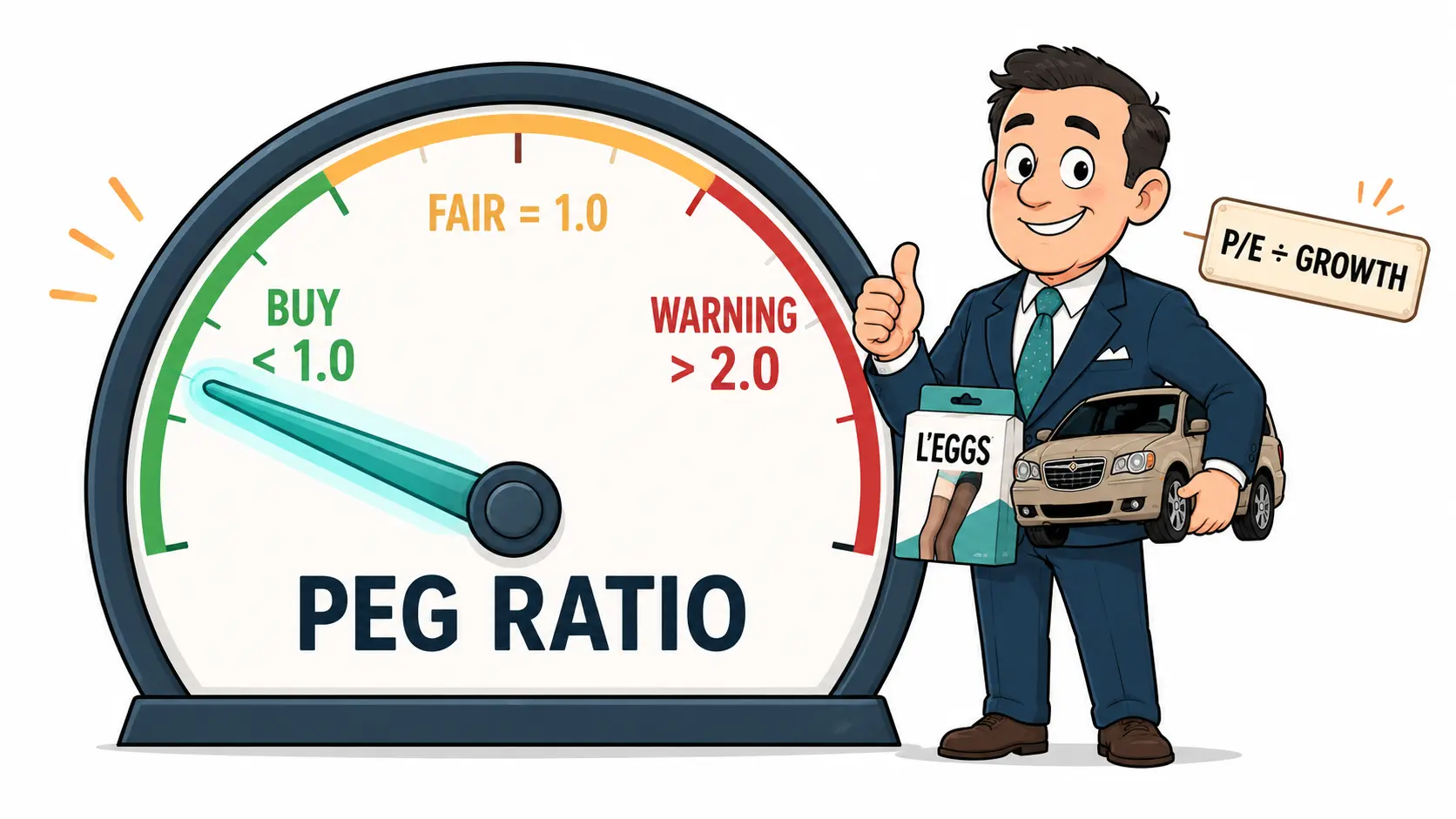 Cartoon speedometer dial with a needle pointing into the green zone below 1.0, illustrating Peter Lynch's PEG rule for spotting attractively priced growth stocks