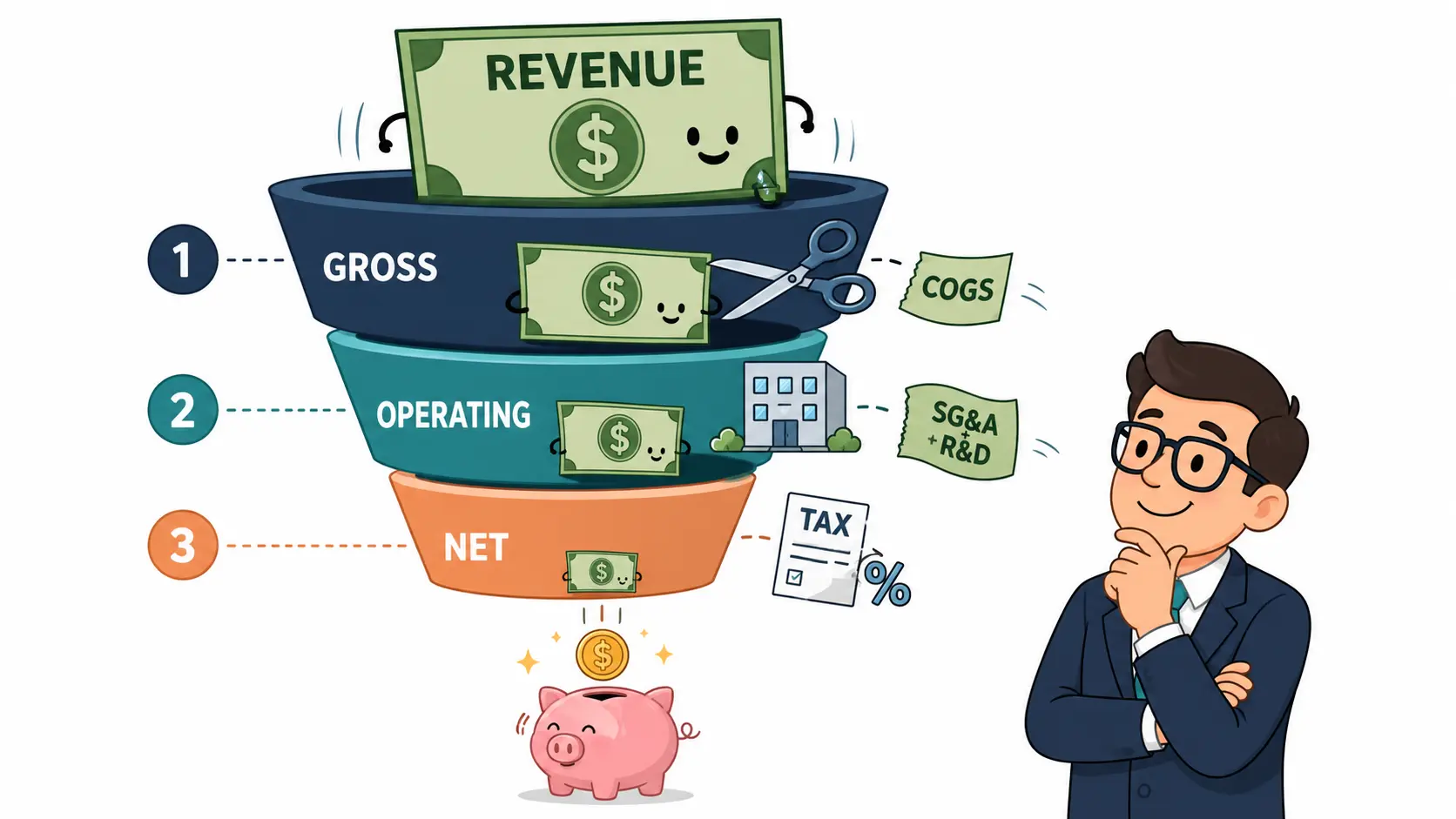 Cartoon funnel showing revenue shrinking through gross, operating, and net profit margin tiers as costs are deducted at each step