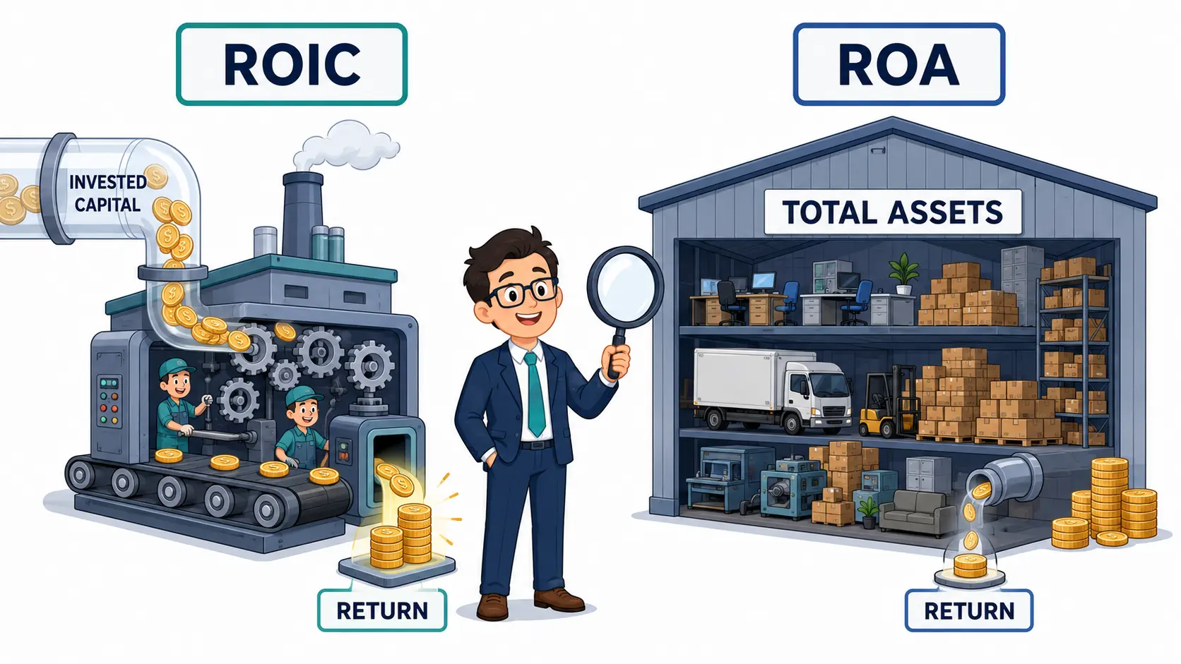 Cartoon split scene comparing ROIC measuring returns on actively deployed capital versus ROA measuring returns across all assets on the balance sheet