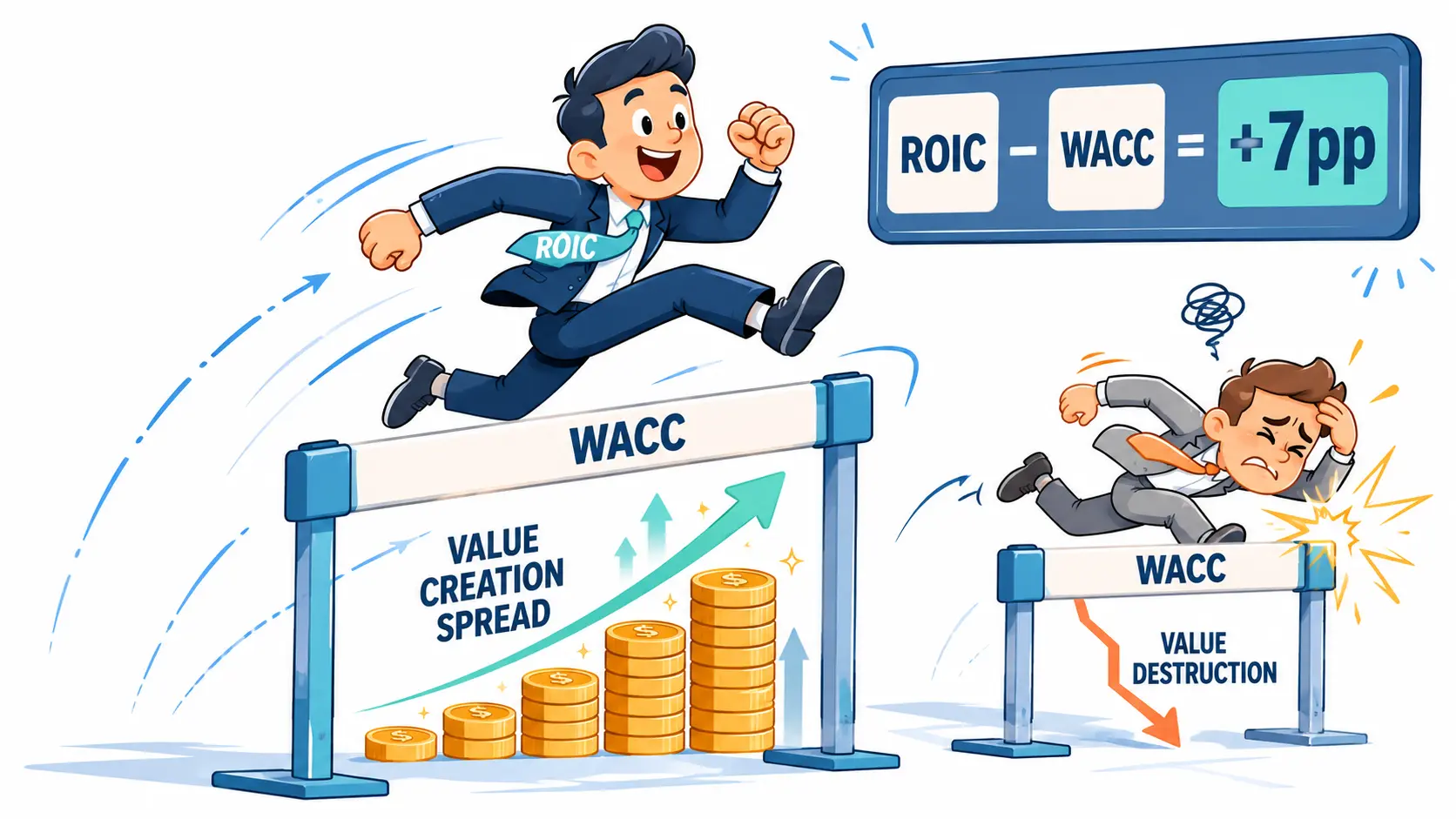 Cartoon high jumper labeled ROIC clearing a hurdle labeled WACC with the gap above the bar labeled value creation spread filling with growing coin stacks