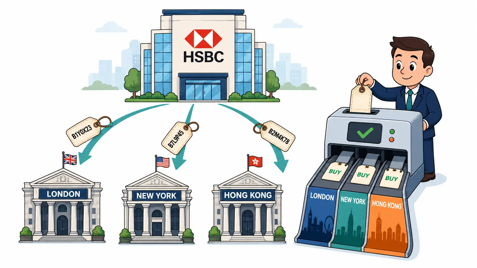 Cartoon illustration of one company traded on three exchanges with three different SEDOL tags routing each trade to the correct listing