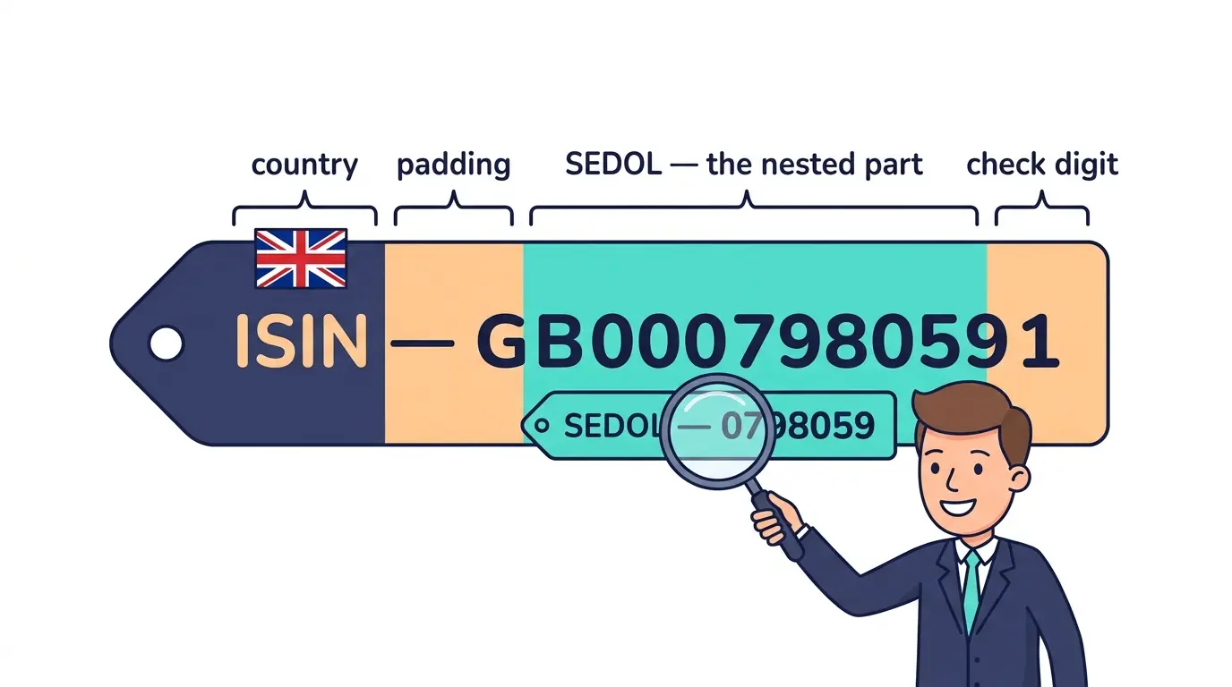 Cartoon nested-label diagram showing a 7-character SEDOL code sitting inside the middle of a 12-character ISIN, illustrating how the UK identifier embeds into the global standard