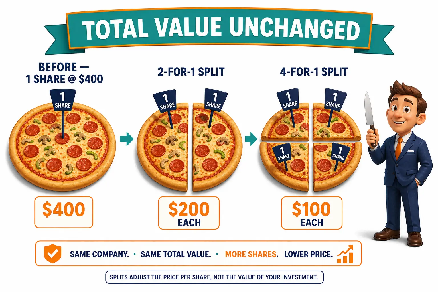 Cartoon comparison of one large pizza being sliced into more pieces of the same total size, illustrating how a stock split increases share count without changing total value