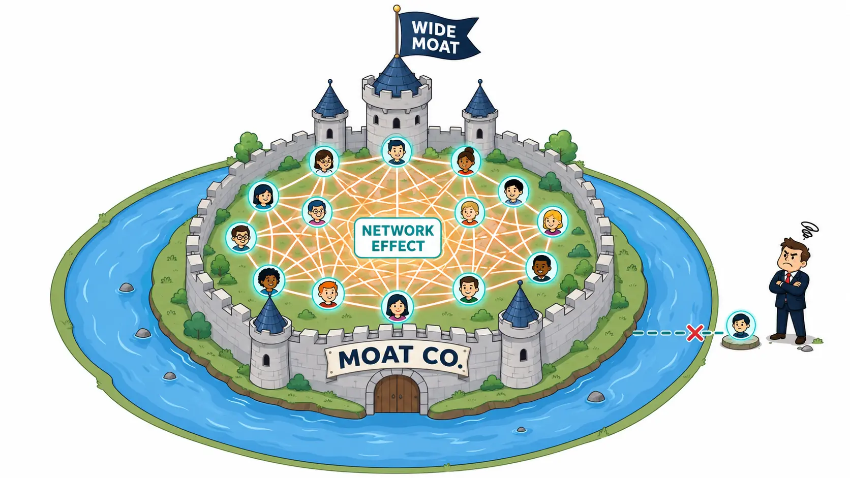 Cartoon castle protected by a wide moat with a glowing network of connected user nodes growing on the inside, illustrating the network effect competitive moat