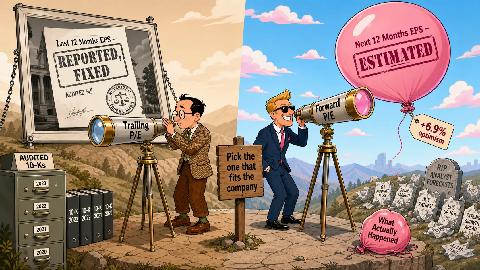 Cartoon of two analysts back-to-back on a hilltop with brass telescopes — the left telescope labeled "Trailing P/E" shows an audited, chained-down photograph of last year's reported earnings, while the right telescope labeled "Forward P/E" has rose-tinted lenses pointed at an inflated balloon stamped "+6.9% optimism" — illustrating which earnings number is grounded versus which carries persistent forecast bias