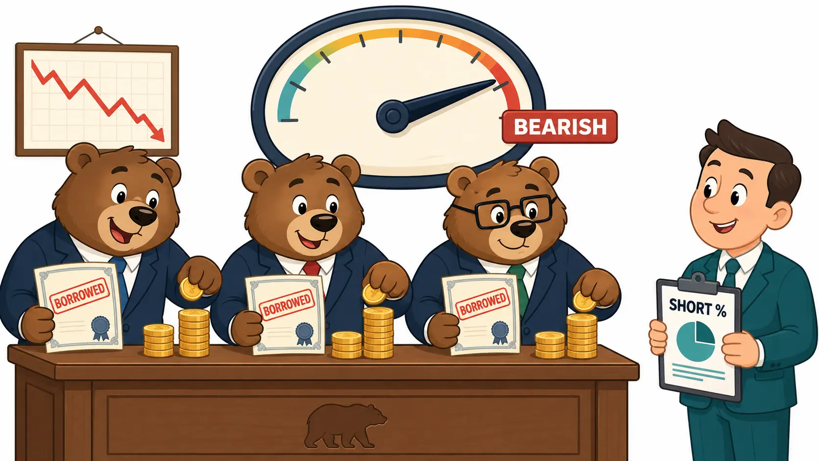 Cartoon van drie beren in pak die geleende aandelencertificaten op een handelsdesk leggen terwijl een sentimentmeter naar bearish wijst, illustratie van shortpositie als sentimentindicator