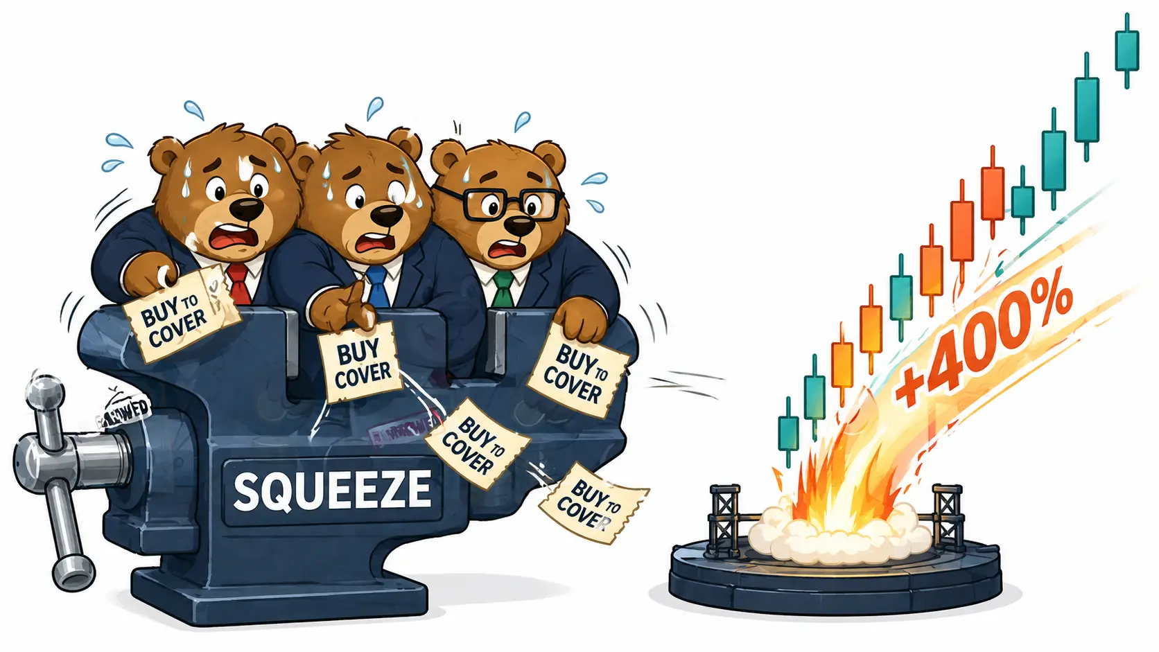 Cartoon van paniekerige beren gevangen in een grote bankschroef terwijl een oranje kaarsenpatroon als raket omhoogschiet, illustratie van een short squeeze