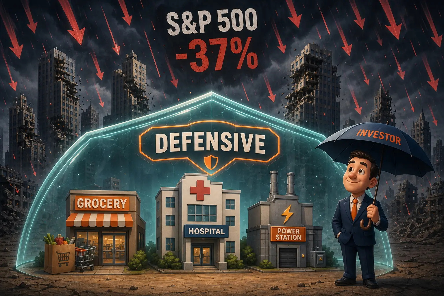 Cartoon recession storm scene with a defensive shield protecting a grocery store, hospital, and electricity meter while a stock chart crashes around them, illustrating why defensive stocks hold up in downturns