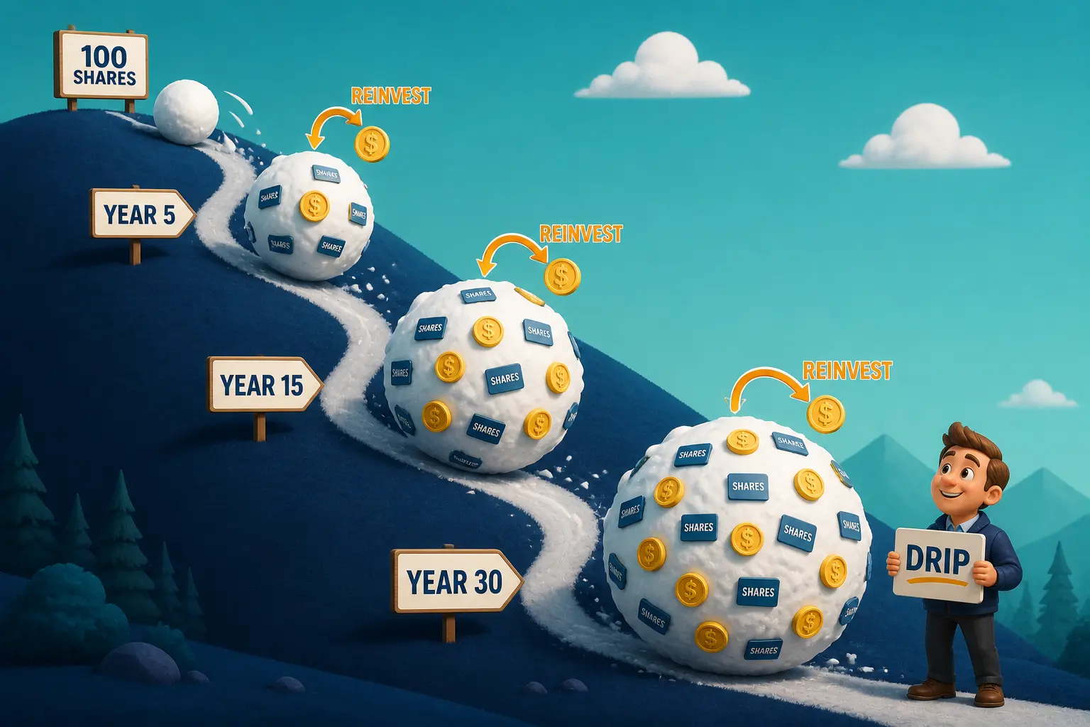 Cartoon snowball rolling down a hill growing larger with each turn as small dividend coins stick to it, illustrating how a dividend reinvestment plan compounds over time