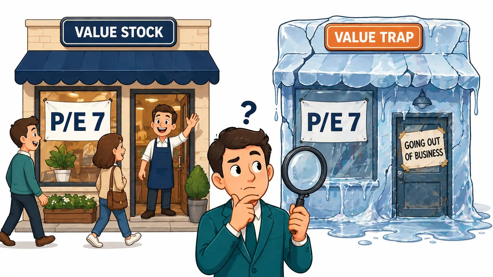 Cartoon of two storefronts side by side with identical "P/E 7" banners — one healthy and bustling, the other shaped like a melting ice cube with a closing sign — illustrating that the same cheap metric can be a real bargain or a value trap